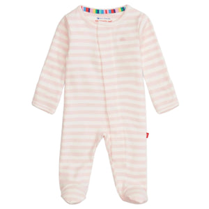 The Magnetic Me Baby Stripe Organic Cotton Magnetic Footie features light pink and white stripes, long sleeves, footed design, a hidden magnetic front closure, and is made from soft organic cotton for comfort.