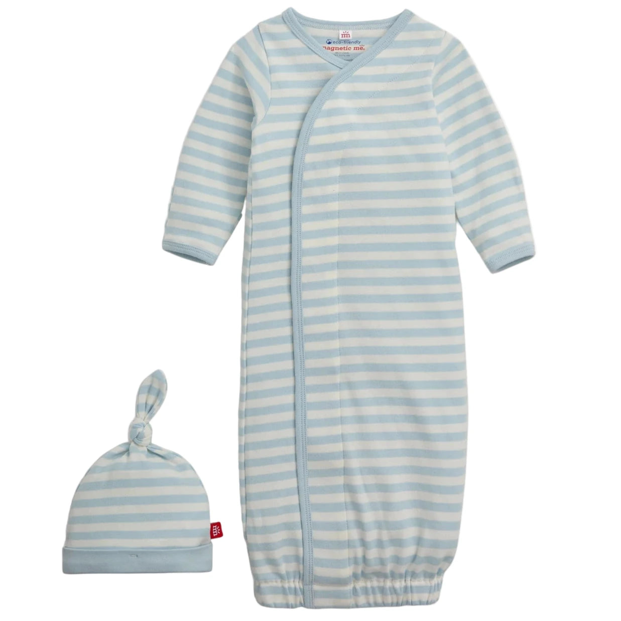 The Magnetic Me Baby Stripe Organic Cotton Gown & Hat features a light blue and white striped newborn gown with long sleeves, paired with a matching top knot hat.