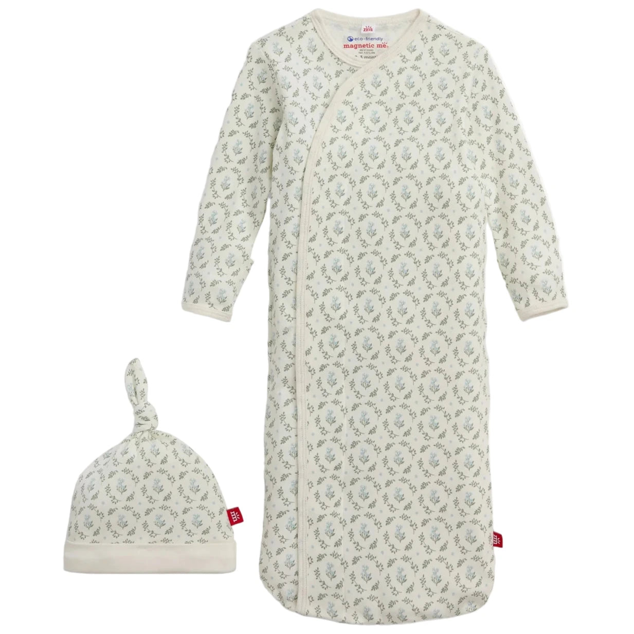 The Baby Girls' Eloise Organic Cotton Magnetic Gown & Hat Set by Magnetic Me includes a white long-sleeve sleep sack with zip closure and a matching knotted hat, both decorated with a small grey-green leaf pattern.