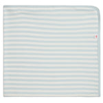 The Magnetic Me Stripe Organic Cotton Blanket is a soft, GOTS-certified baby blanket with light blue and white stripes and a light blue trim—perfect for your little one's stroller.