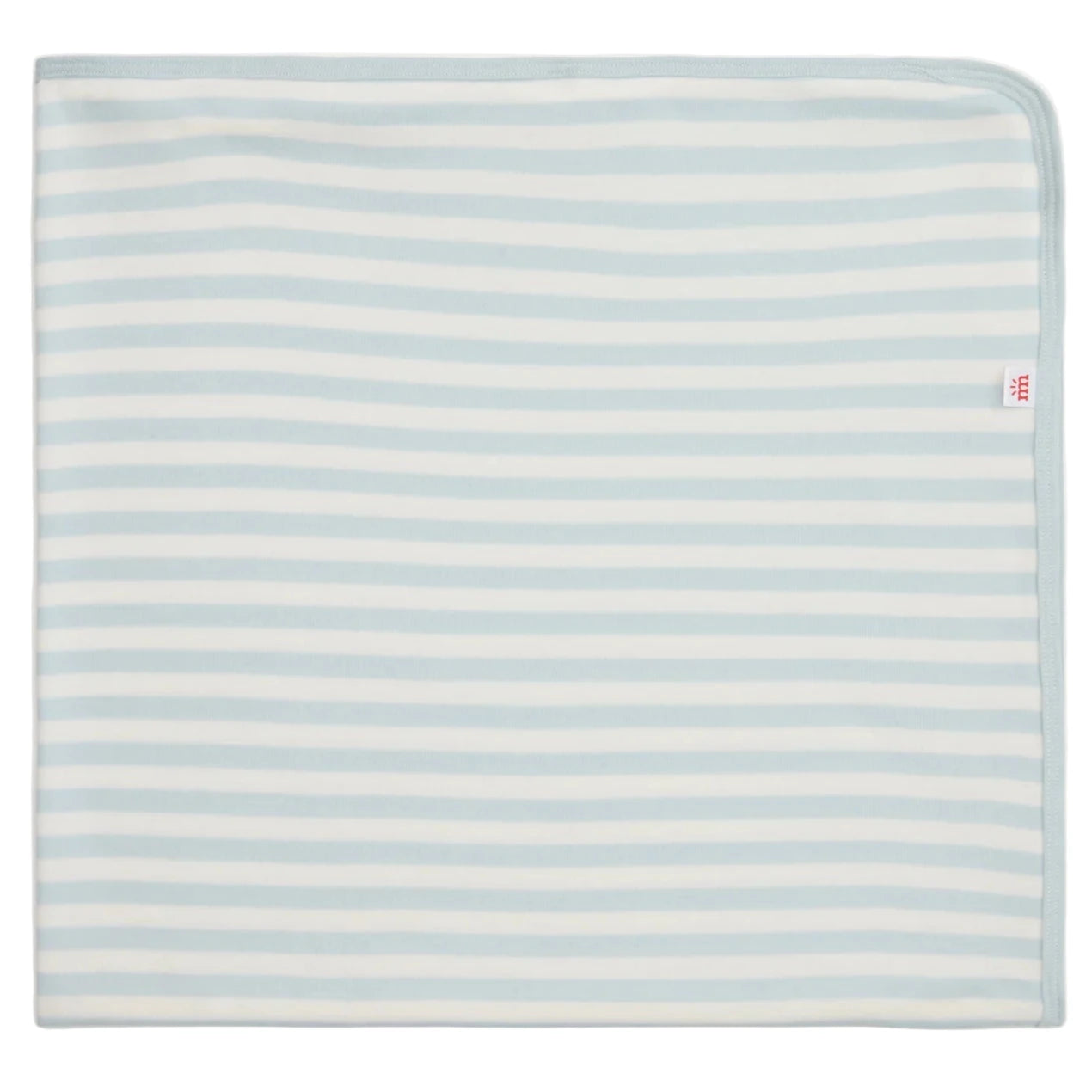 The Magnetic Me Stripe Organic Cotton Blanket is a soft, GOTS-certified baby blanket with light blue and white stripes and a light blue trim—perfect for your little one's stroller.
