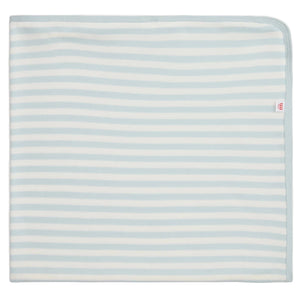 The Magnetic Me Stripe Organic Cotton Blanket is a soft, GOTS-certified baby blanket with light blue and white stripes and a light blue trim—perfect for your little one's stroller.