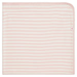 The Magnetic Me Stripe Organic Cotton Blanket, shown folded with pink and white stripes and rounded corners, is displayed on a white background.