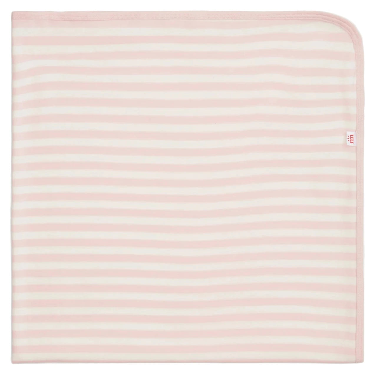 The Magnetic Me Stripe Organic Cotton Blanket, shown folded with pink and white stripes and rounded corners, is displayed on a white background.