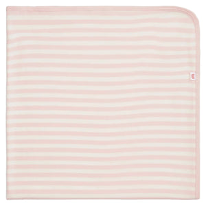 The Magnetic Me Stripe Organic Cotton Blanket, shown folded with pink and white stripes and rounded corners, is displayed on a white background.