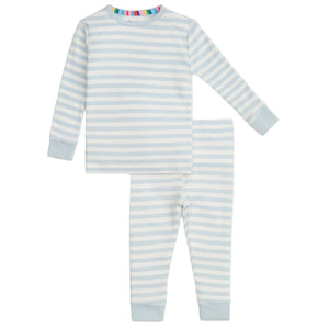 The Magnetic Me Baby and Kids' Stripe Organic Cotton PJ Set features long sleeves, pants, light blue and white stripes with solid light blue cuffs; hypoallergenic for sensitive skin.