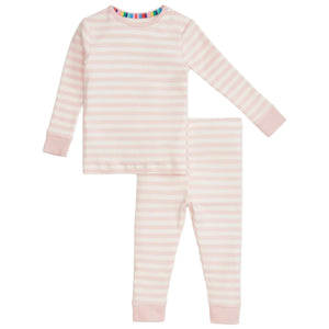 The Magnetic Me Baby and Kids' Stripe Organic Cotton PJ Set features pink and white stripes, long sleeves, and cuffed wrists and ankles, shown flat on a white background.