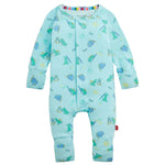 The Magnetic Me Baby Boys' Sketch-a-Saurus Modal Convertible Coverall features a light blue design with dinosaur and animal prints, long sleeves, and easy magnetic closures down the front and legs.