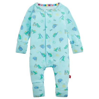 The Magnetic Me Baby Boys' Sketch-a-Saurus Modal Convertible Coverall features a light blue design with dinosaur and animal prints, long sleeves, and easy magnetic closures down the front and legs.