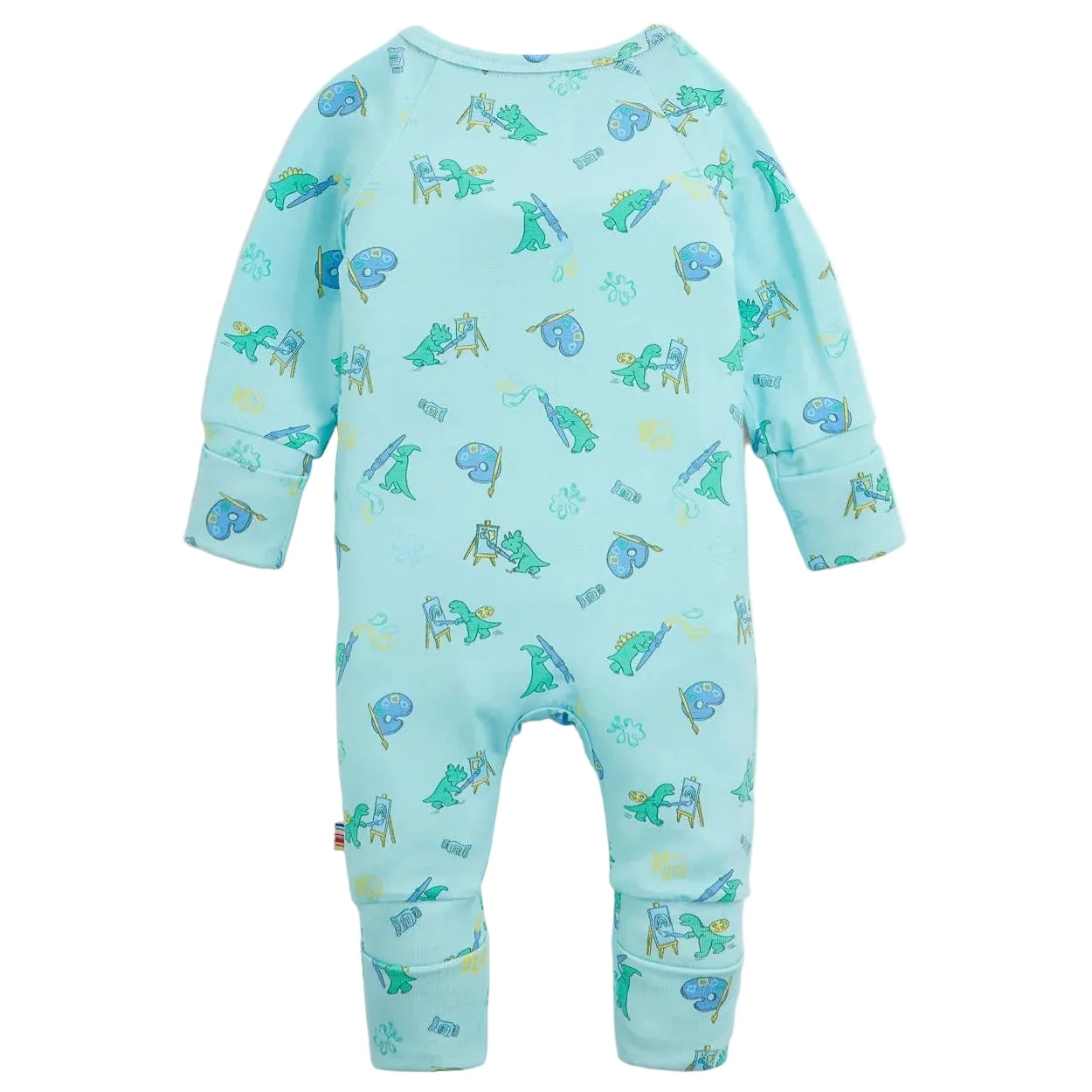 Dress your little one in the Magnetic Me Baby Boys' Sketch-a-Saurus Modal Convertible Coverall—a light blue long-sleeve and long-leg onesie adorned with a playful pattern of green and blue dinosaurs, leaves, and bones. Made from ultra-soft modal fabric, this cozy coverall ensures all-day comfort.