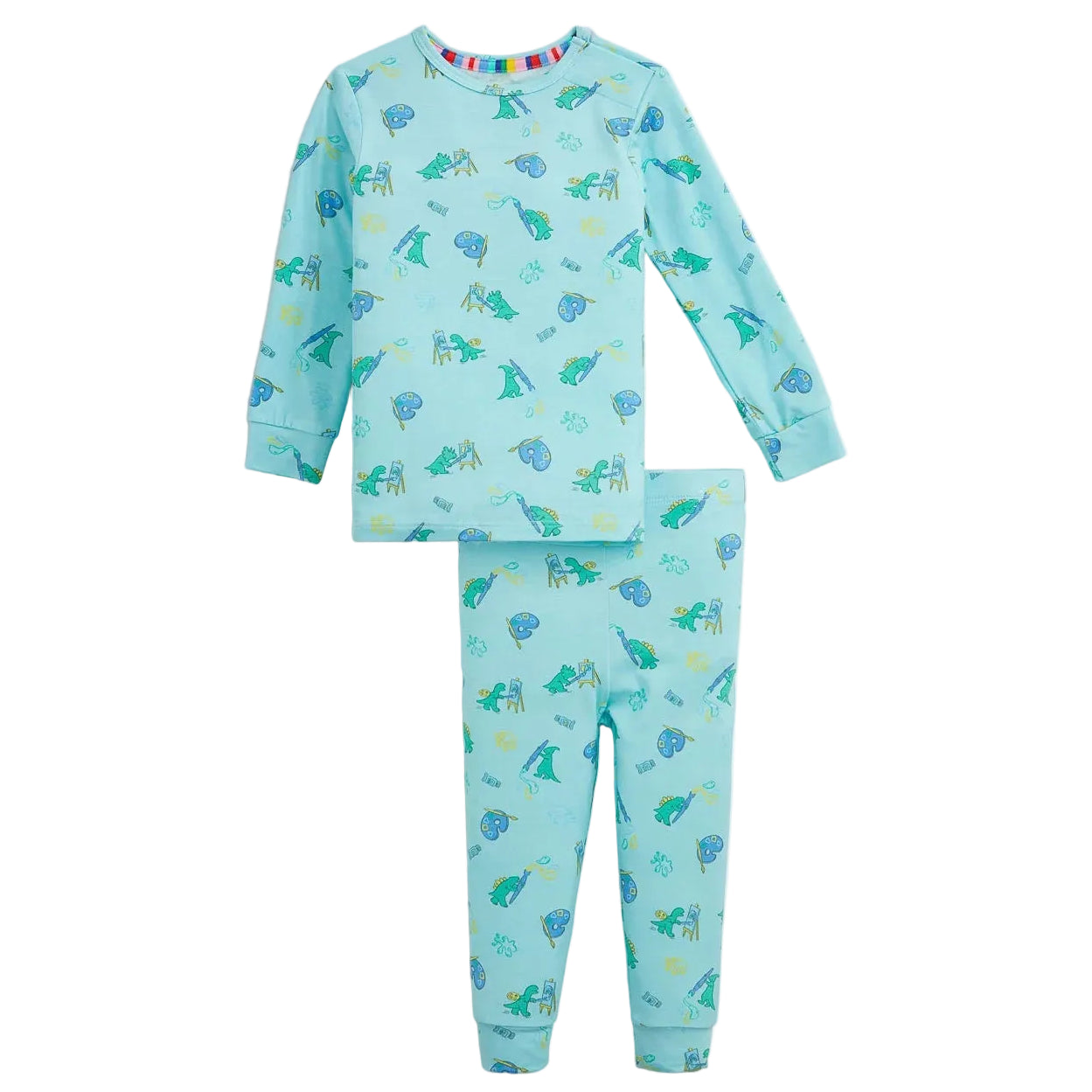 The Magnetic Me Baby Boys and Boys' Sketch-a-Saurus Modal LS Pajama Set features light blue, long-sleeve pajamas adorned with colorful dinosaur and tree prints. Laid flat to showcase both the top and pants, these sustainable PJs include convenient magnetic closures for easy, hassle-free changes.