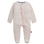 Dress your little one in the Baby Girls' Apple Blossom Modal Ruffle Footie by Magnetic Me—a cozy white sleeper with long sleeves and legs, adorned with a delicate red apple blossom pattern and stylish ruffle details. The innovative magnetic closures down the front make quick changes effortless, blending convenience and charm in this comfortable modal outfit.