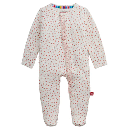 Dress your little one in the Baby Girls' Apple Blossom Modal Ruffle Footie by Magnetic Me—a cozy white sleeper with long sleeves and legs, adorned with a delicate red apple blossom pattern and stylish ruffle details. The innovative magnetic closures down the front make quick changes effortless, blending convenience and charm in this comfortable modal outfit.