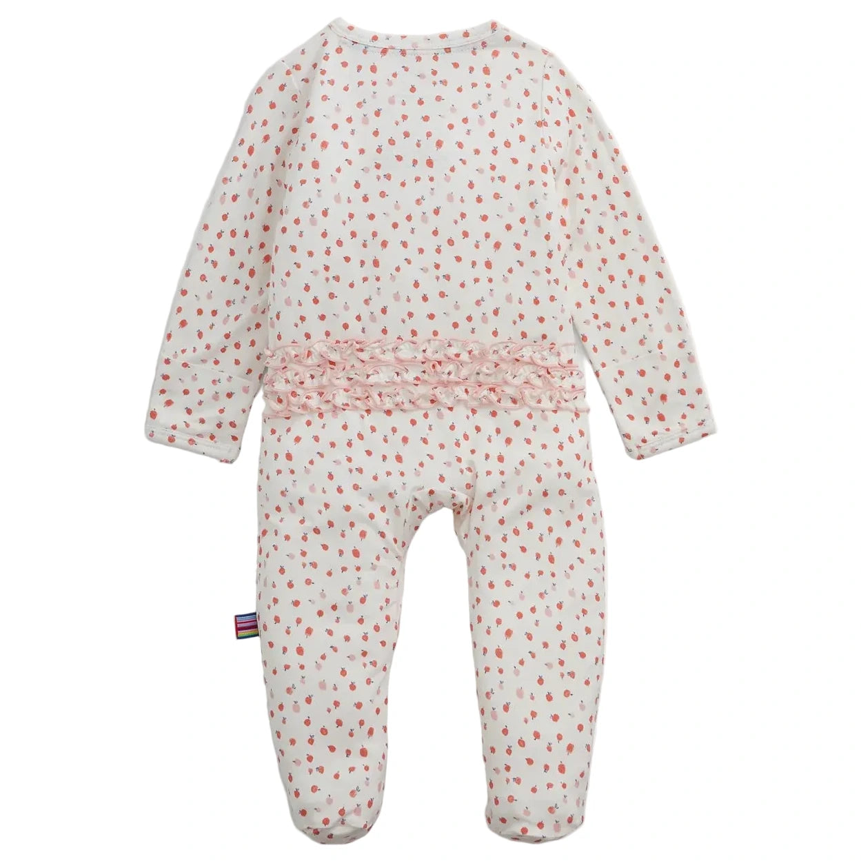 Introducing the Magnetic Me Baby Girls' Apple Blossom Modal Ruffle Footie—a cozy white baby onesie crafted from soft modal, featuring long sleeves, an adorable pink apple blossom print, and charming ruffle detail across the back. Designed for comfort, it also includes a small striped tag on the left side.