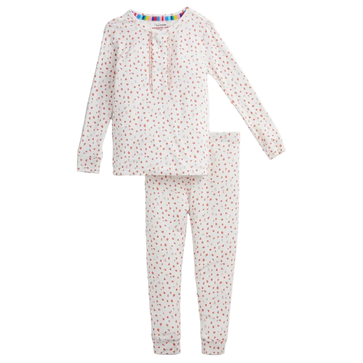 The Magnetic Me Baby Girls' and Girls' Apple Blossom Modal Ruffle Pajama Set features long sleeves, a soft modal fabric with a white background and small red heart pattern, and includes a round neck top with charming ruffle details and matching pants for easy dressing.