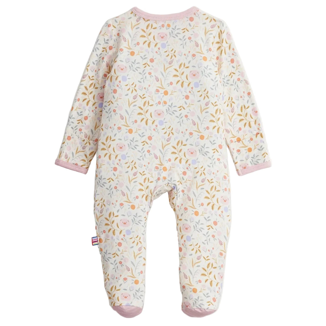 The Magnetic Me Baby Girls' Oinklet Model Footie features long sleeves, enclosed feet, and a pastel floral print with pink trim at the neckline and cuffs. Designed for convenience, it offers easy magnetic closures for quick changes. The footie is displayed on a white background.