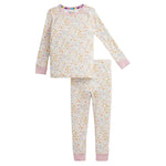 Introducing the Magnetic Me Baby Girls' and Girls' Oinklet Modal Magnetic PJ Set—a two-piece pajama set featuring long sleeves, matching pants, and a charming pastel floral print with pink cuffs on both the sleeves and ankles. Made from ultra-soft, sustainable modal fabric, these pajamas provide a cozy and gentle feel for your child's skin.