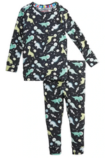The Baby Boys’ and Boys’ Astroceratops Modal Long Sleeve Pajama Set by Magnetic Me features a black base with vibrant dinosaur and planet prints in green, blue, and yellow.