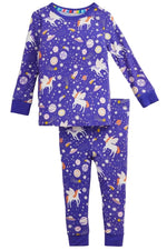 The Baby Girl’s and Girls’ Galaxy Glittercorn Modal Long Sleeve Pajama Set by Magnetic Me features a purple unicorn galaxy print top and pants for cozy, dreamy comfort.