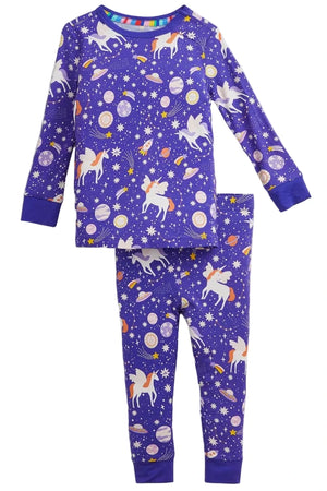 The Baby Girl’s and Girls’ Galaxy Glittercorn Modal Long Sleeve Pajama Set by Magnetic Me features a purple unicorn galaxy print top and pants for cozy, dreamy comfort.