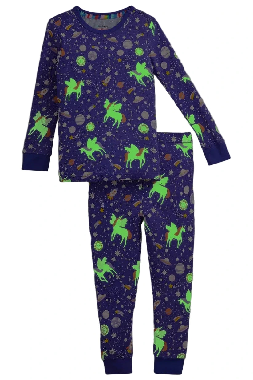 Magnetic Me Baby Girl’s and Girls’ Galaxy Glittercorn Modal Long Sleeve Pajama Set features a cozy dark blue base with neon green reindeer, planets, and stars.