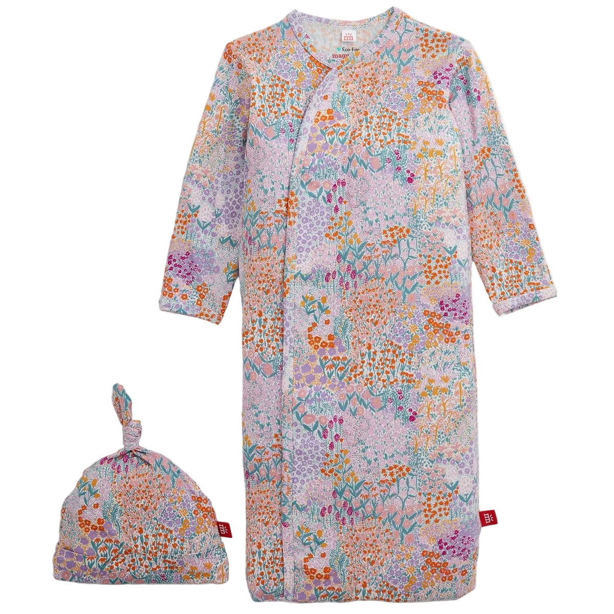 The Baby Girls’ Arabella Gown + Hat Set by Magnetic Me, with a vibrant floral print and matching knotted hat, is ideal newborn sleepwear.