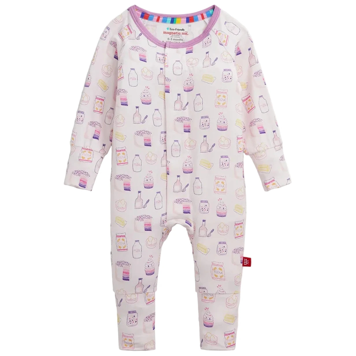 The Magnetic Me Baby Girls’ Bake Boss Modal Convertible Coverall is a long-sleeve onesie featuring a pastel food and drink pattern with bottles, cartons, and snacks on a light background, crafted from ultra-soft modal fabric for gentle comfort on delicate skin.