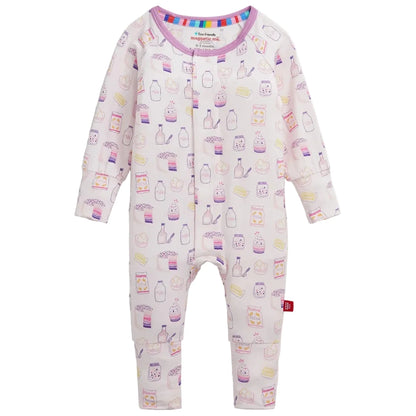 The Magnetic Me Baby Girls’ Bake Boss Modal Convertible Coverall is a long-sleeve onesie featuring a pastel food and drink pattern with bottles, cartons, and snacks on a light background, crafted from ultra-soft modal fabric for gentle comfort on delicate skin.