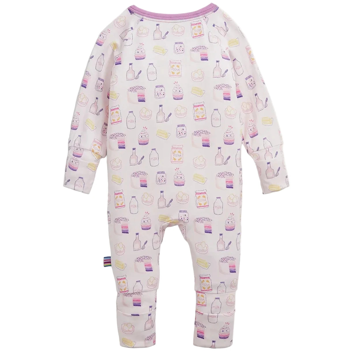 The Magnetic Me Baby Girls’ Bake Boss Modal Convertible Coverall is a long-sleeve onesie featuring a charming pastel food print—with bottles, snacks, and drinks—on a white background. Crafted from soft modal fabric, this convertible coverall offers all-day comfort and effortless style for your little one.