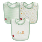 Nursery Magic Cream Modal Bib 3-Pack by Magnetic Me includes three soft, modal baby bibs: one with light green stripes, one with playful animal prints, and one featuring a bear and duck design at the center. Each Magnetic Me modal bib is gentle on your baby's skin, ensuring they stay comfortable and clean.