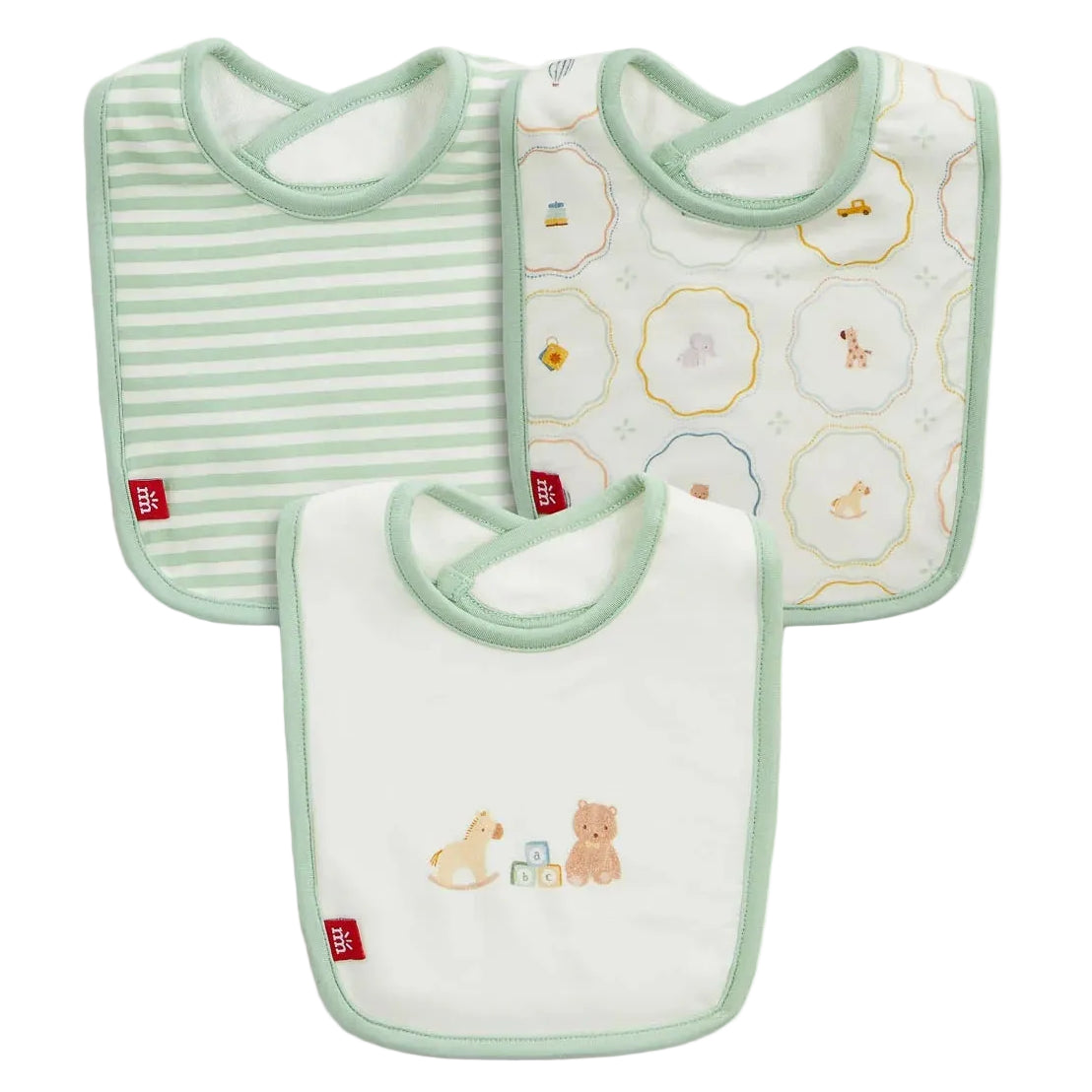 Nursery Magic Cream Modal Bib 3-Pack by Magnetic Me includes three soft, modal baby bibs: one with light green stripes, one with playful animal prints, and one featuring a bear and duck design at the center. Each Magnetic Me modal bib is gentle on your baby's skin, ensuring they stay comfortable and clean.