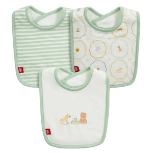 Nursery Magic Cream Modal Bib 3-Pack by Magnetic Me includes three soft, modal baby bibs: one with light green stripes, one with playful animal prints, and one featuring a bear and duck design at the center. Each Magnetic Me modal bib is gentle on your baby's skin, ensuring they stay comfortable and clean.