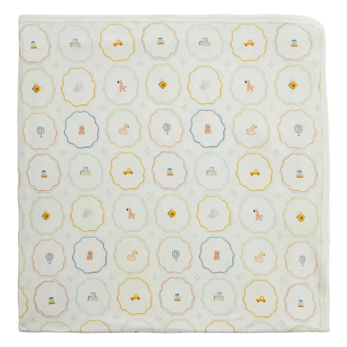 Wrap your little one in the Nursery Magic Modal Baby Blanket from Magnetic Me, featuring a soft white background adorned with a repeating pattern of scalloped circles—each filled with charming illustrations like bears, cars, hot air balloons, and suitcases in soothing pastel hues. Perfect for cuddling at home or as a cozy stroller blanket.