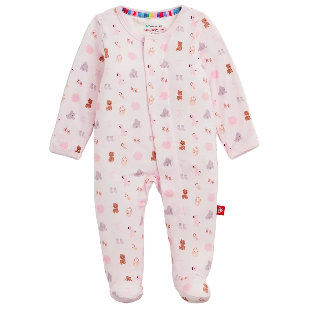 Baby Nursery Nostalgia Modal Footie by Magnetic Me is a pink baby sleeper featuring long sleeves, a footed design, and a playful animal print. Made from soft, sustainable modal fabric, this footie includes convenient magnetic closures for easy dressing. The garment is shown laid flat against a white background.