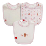 The Magnetic Me Nursery Nostalgia Modal Bib 3-Pack includes three eco-friendly baby bibs with pink trim: one featuring pastel stripes, one with animal prints, and one adorned with an embroidered bear holding a pacifier in the center. Each bib is finished with a red tag on the left side.