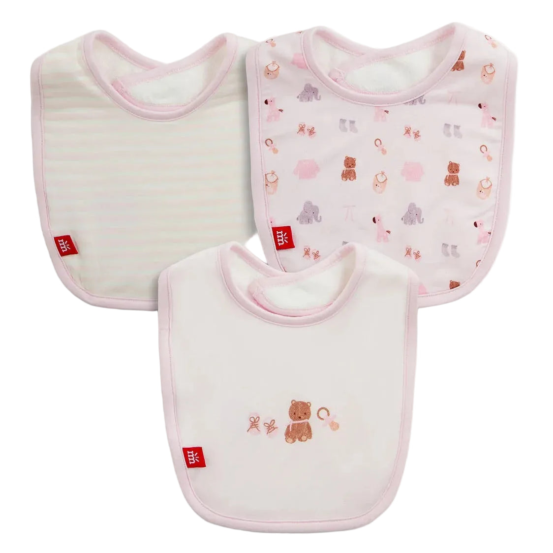 The Magnetic Me Nursery Nostalgia Modal Bib 3-Pack includes three eco-friendly baby bibs with pink trim: one featuring pastel stripes, one with animal prints, and one adorned with an embroidered bear holding a pacifier in the center. Each bib is finished with a red tag on the left side.