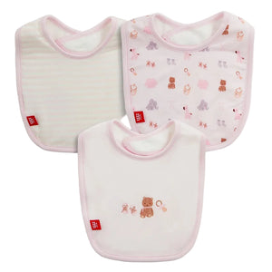 The Magnetic Me Nursery Nostalgia Modal Bib 3-Pack includes three eco-friendly baby bibs with pink trim: one featuring pastel stripes, one with animal prints, and one adorned with an embroidered bear holding a pacifier in the center. Each bib is finished with a red tag on the left side.