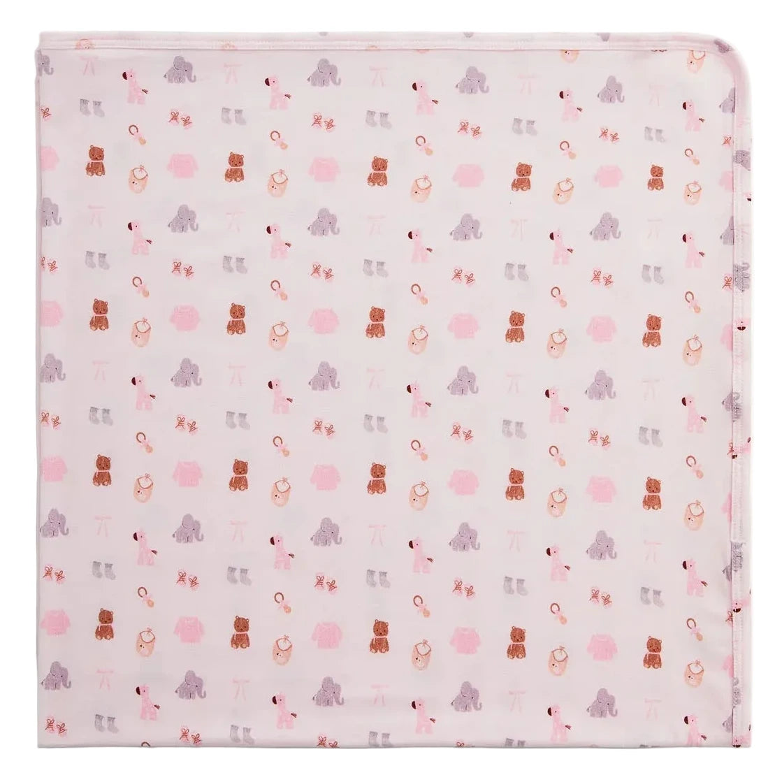 The Magnetic Me Nursery Nostalgia Modal Blanket features a light pink design adorned with a playful, repeating pattern of teddy bears, sheep, and rattles in shades of brown, gray, and pink. This temperature-regulating stroller blanket is neatly folded to showcase its softly rounded edges.