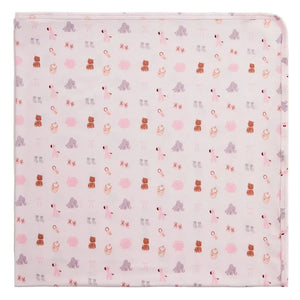 The Magnetic Me Nursery Nostalgia Modal Blanket features a light pink design adorned with a playful, repeating pattern of teddy bears, sheep, and rattles in shades of brown, gray, and pink. This temperature-regulating stroller blanket is neatly folded to showcase its softly rounded edges.