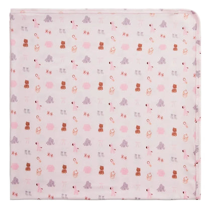 The Magnetic Me Nursery Nostalgia Modal Blanket features a light pink design adorned with a playful, repeating pattern of teddy bears, sheep, and rattles in shades of brown, gray, and pink. This temperature-regulating stroller blanket is neatly folded to showcase its softly rounded edges.