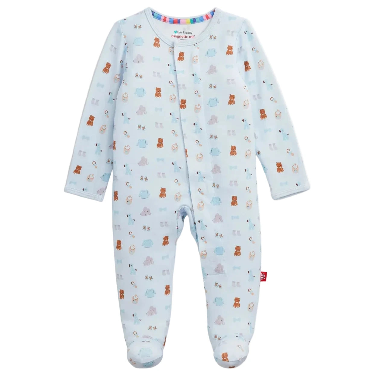Introducing the Baby Nursery Nostalgia Modal Footie from Magnetic Me — a light blue footed onesie featuring long sleeves, a charming pattern of small animals, and rainbow trim inside the collar. Crafted from ultra-soft, sustainable modal, this adorable footie is designed with magnetic closures for easy and effortless changing.