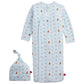 The Magnetic Me Baby Nursery Nostalgia Modal Gown + Hat Set includes a light blue sleep sack with a matching knot hat, both adorned with a charming pattern of small bears, sheep, and stars. This cozy newborn gown features long sleeves and a side zipper for easy changes.