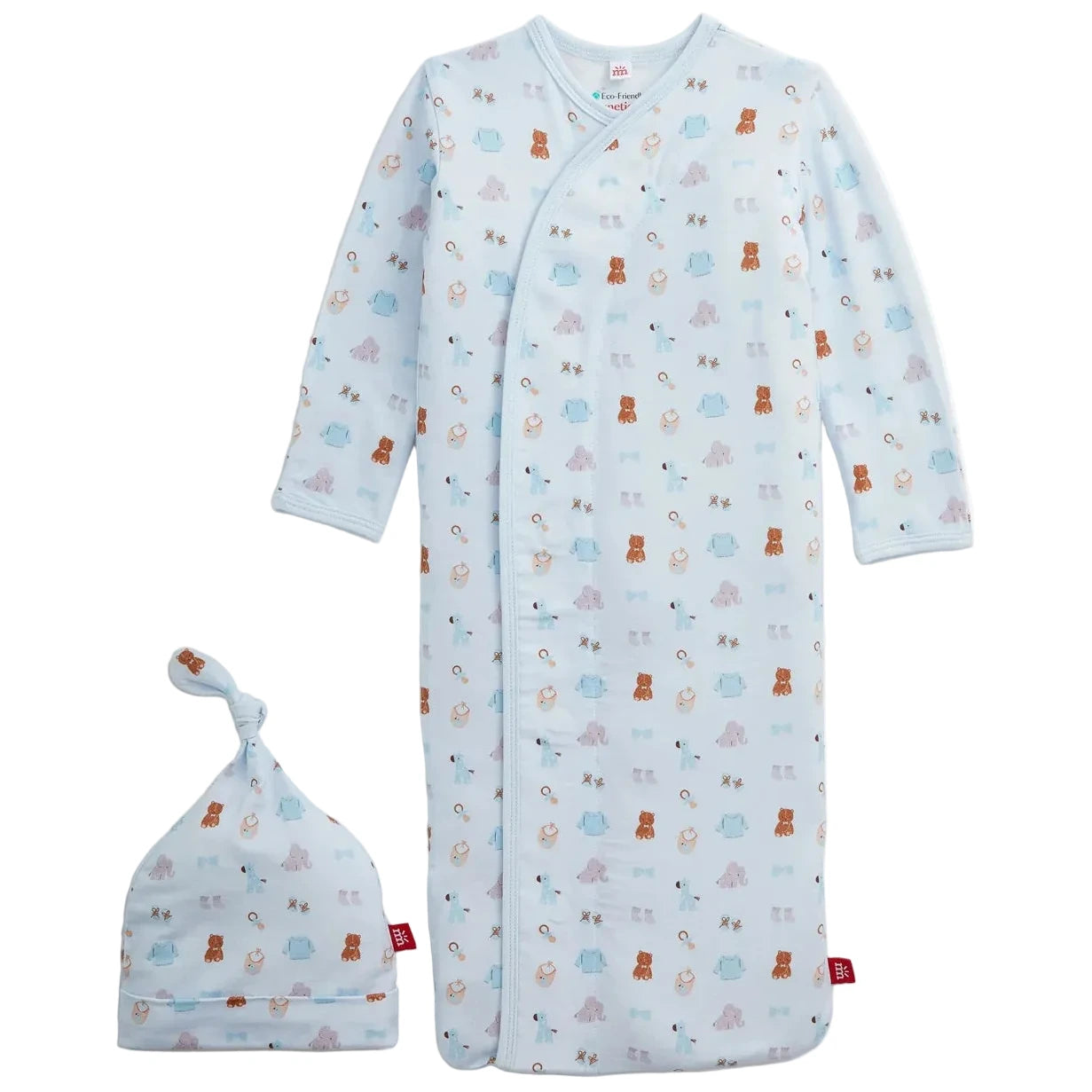 The Magnetic Me Baby Nursery Nostalgia Modal Gown + Hat Set includes a light blue sleep sack with a matching knot hat, both adorned with a charming pattern of small bears, sheep, and stars. This cozy newborn gown features long sleeves and a side zipper for easy changes.