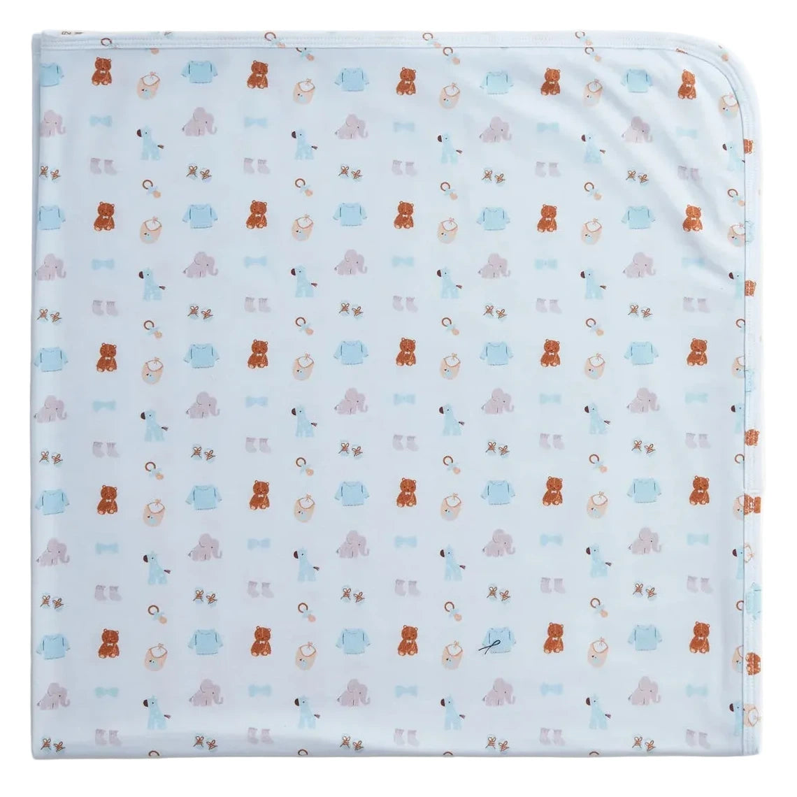 The Magnetic Me Nursery Nostalgia Modal Blanket in light blue showcases a charming repeated pattern of brown bears, blue elephants, ducks, rattles, and baby shoes. Crafted from temperature-regulating modal fabric, this blanket is perfect as a stroller accessory to keep your little one cozy and comfortable in every season.
