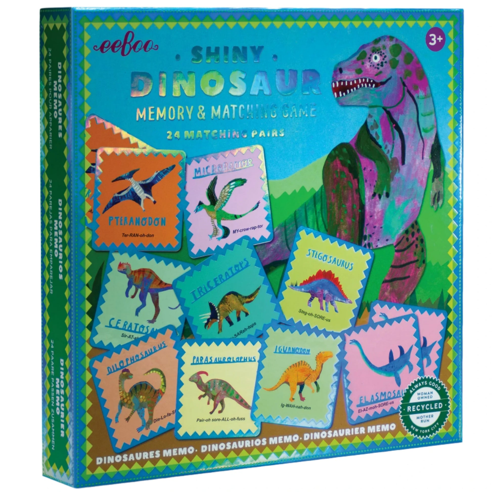 Eeboo's Shiny Dinosaur Memory and Matching Game features 24 dinosaur pairs and colorful illustrations. Designed for ages 3+, it encourages learning and fun through play.