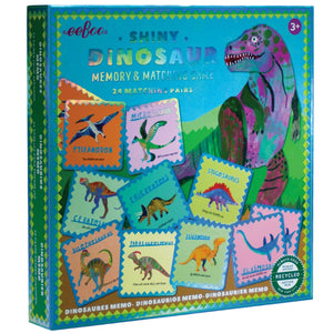 Eeboo's Shiny Dinosaur Memory and Matching Game features 24 dinosaur pairs and colorful illustrations. Designed for ages 3+, it encourages learning and fun through play.