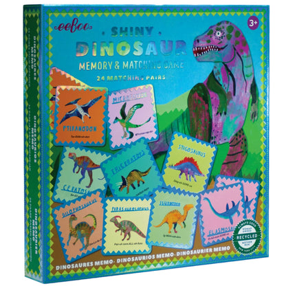 Eeboo's Shiny Dinosaur Memory and Matching Game features 24 dinosaur pairs and colorful illustrations. Designed for ages 3+, it encourages learning and fun through play.