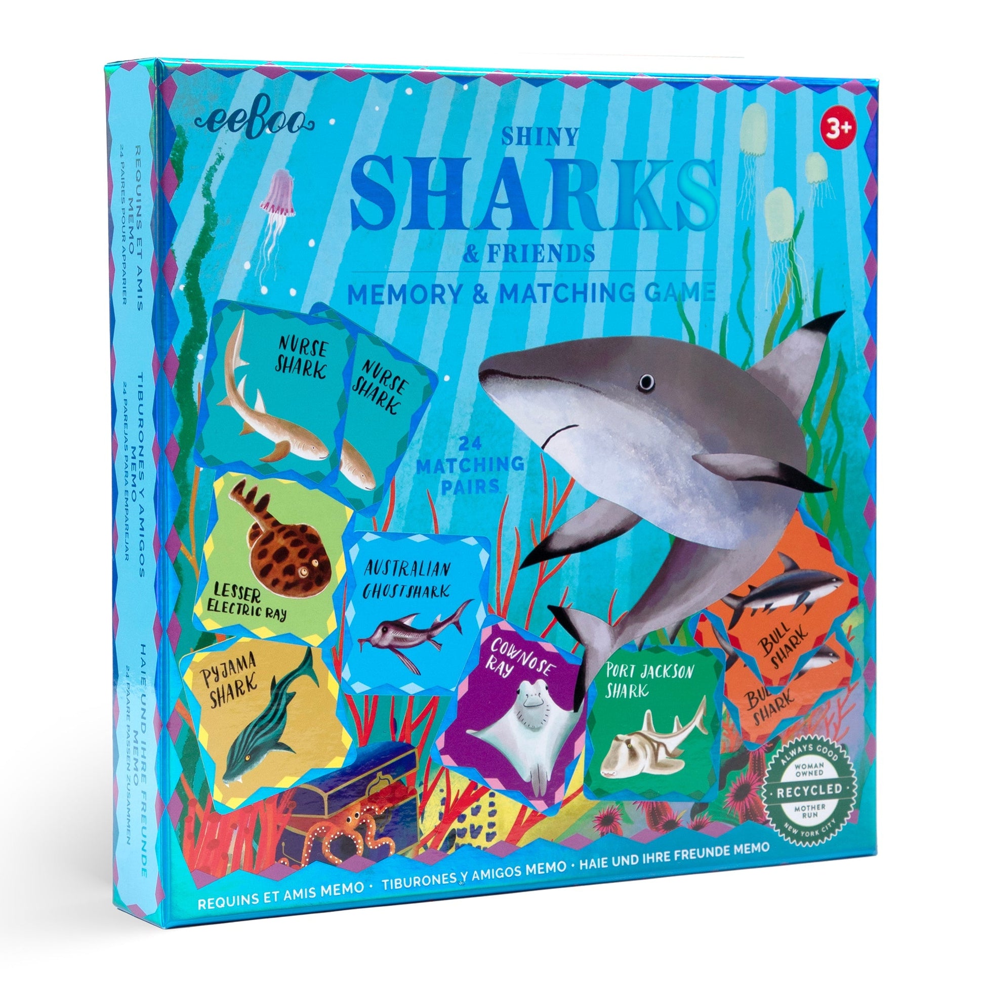 The Eeboo Sharks & Friends Shiny Memory Matching Game comes in a colorful box with illustrated sharks and fish, includes 24 matching pairs, and is a fun educational activity to boost memory skills for ages 3+.