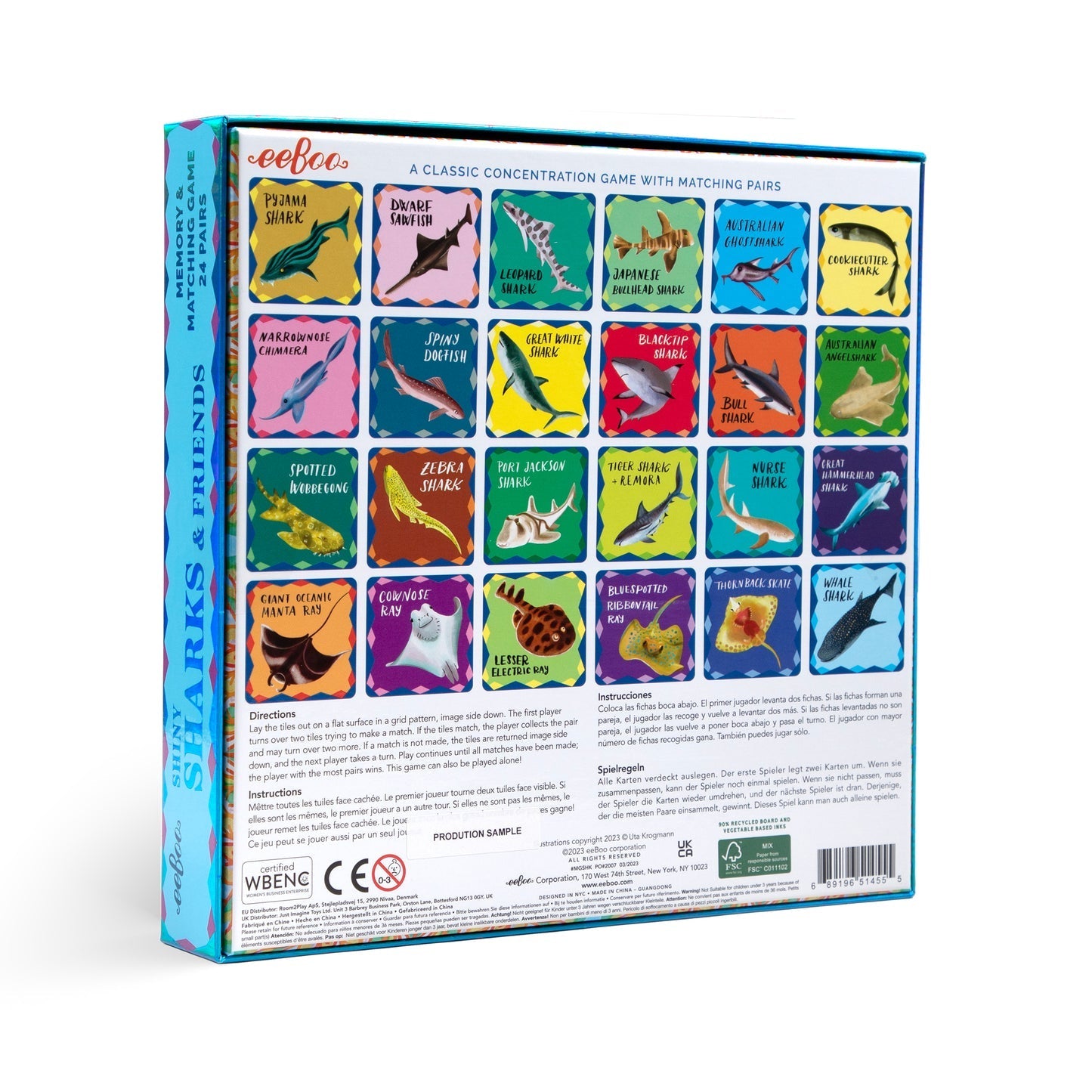 Back of the Sharks & Friends Shiny Memory Matching Game by Eeboo shows 24 sea animal cards, each with species names and fun facts. Educational game details and Eeboo company info appear at the bottom.