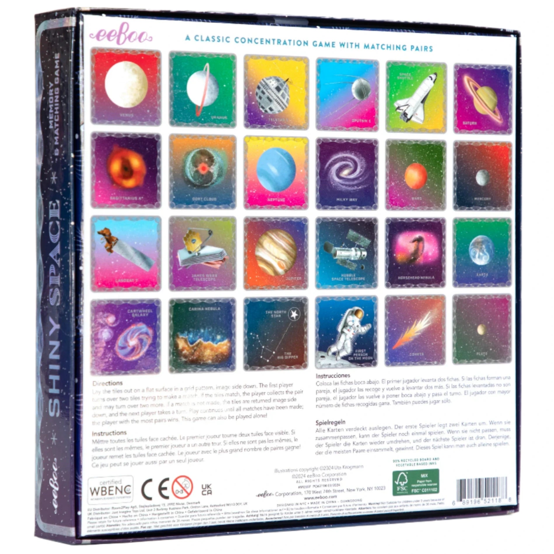 Back of Eeboo's "Space Shiny Memory & Matching Game" box displays Uta Krogmann’s vibrant space tiles—planets, rockets, stars—multilingual instructions, safety icons, and a science-themed twist for all ages.